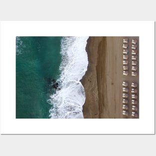 Aerial View of Sandy Beach with Umbrellas and Sea Waves Posters and Art